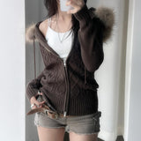 Vintage Mahjong Hair Spliced Hooded Zip Sweater Cardigan Thairy Thairy Slimming Casual Coat HZ0107