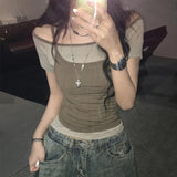 Pure Hot Babes Hit The Color Repair Casual Two-Piece Blouse Summer Round Neck T-Shirt Folded Small Sling Girl HZ0107