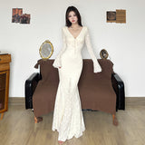 Enjoy The Jump #French Temperament Fairy Lace Lace Lace V-Neck Dress To Close The Waist-Body-Bumped Fishtail Long Dress HZ0107