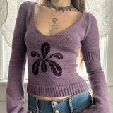 Mid-Winter 2025 New Lazy Comfortable V-Neck Flower Knitting Blouse Purple Gentle Wind Long-Sleeved Sweater Woman HZ0107