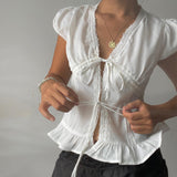 French Court Style Solid Color Lace Lace Splicing With Cardigan Blouse Niche Design Lotus Leaf-Side Shirt Female Summer HZ0107