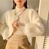 Spring And Autumn Imitation Stingy Knitted Women's Loose Lazy Lantern Sleeve Nail Pearl Side Sweater Knitted Cardigan HZ0108