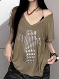 Street Style Sub-Series Crucifix Copper Casual Big T-Shirt Comfortable V-Neck Loose Lazy Knitted Blouse Woman HZ0108