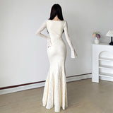 Enjoy The Jump #French Temperament Fairy Lace Lace Lace V-Neck Dress To Close The Waist-Body-Bumped Fishtail Long Dress HZ0107