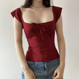 New Women's Clothing In Gentle Wind And Red Collar Collar Thin Short-Sleeved T-Shirt Women's Small Flying Sleeves Waist Top HZ0107