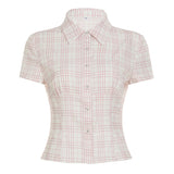 BM Wind Sweet Buckle Collar Plaid Short Sleeve Shirt Babes Commuting Waists Thin Leisure Short Top HZ0107