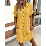 2025 Casual Solid Cotton Buckle Long Short-Sleeved Loose Shirt Dress Women's Dress HZ0108
