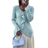 Sweater Women's 2025 Autumn And Winter Women's V-Neck Knitted Shirts Long Sleeve Wood Ears Solid Color Slimming HZ0108