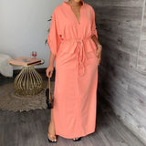 Spring 2025 Women's Loose Casual Open Fork Bag Muslim Dress Solid Color Dress HZ0108