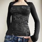 2025 Autumn New Fashion Retro Print Splicing Long-Sleeved T-Shirts In The Dark Wind On The Bottom Shirt Top HZ0107