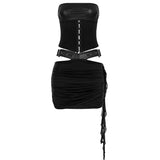 Sexy Strap Girded Waist Leather Splicing Bra + Folded Cross Lotus Leaf Side Short Skirt Girl HZ0108