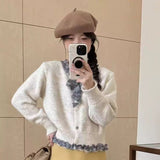 Korean Chic Wood Ear Splicing Round Collar Knitted Cardigan Women's Autumn Women's Autumn Design Bow Sweater Coat HZ0108