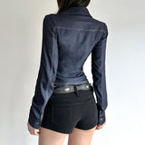 Vintage Style Blue Buckle V-Neck Shirt Babes Street Style Dress Buckle Design Long-Sleeved T-Shirt Girl HZ0107