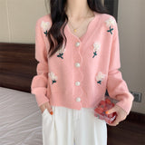 Korean Autumn And Winter Women's Sweet Gentle Wind Three-Dimensional Flower Nail Beads Knitted Cardigan Women's Soft-Creating Sweater Coat HZ0108