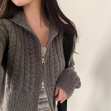2025 Autumn And Winter Women's Version Of The Korean Version Of The Retro Temperament Students Double Zipper Solid Color Sesame Sweater Coat Women's Knitted Open Shirt HZ0108