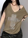 Street Style Sub-Series Crucifix Copper Casual Big T-Shirt Comfortable V-Neck Loose Lazy Knitted Blouse Woman HZ0108