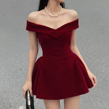 Turn The Edge V-Neck A Word On The Shoulder Christmas Red Princess Dress Hottie Bow Sexy Waist Short Skirt HZ0107