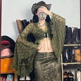 Sensian Retro-Winded Green Lace V Tie With Cardigan Blouse Hottie Sexy Perspective Horn Sleeve Open-Vumen Hooded Shirt HZ0107