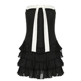 Spice Girl Fish Bone Waist Level Feeled Bosom Cake Skirt Bumping Color Bow Bow Back One-Word Collar Dress HZ0107