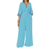 2025 Large-Size Women's Clothing In Broad-Legged Solid Color V-Neck Simple Fashion Jumpsuit HZ0108