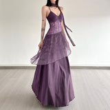 Gothic Retro Style Lace Splicing V-Necked Sling Dress Woman 2025 Sensior Ancient Sense Perspective A Swing Dress HZ0107