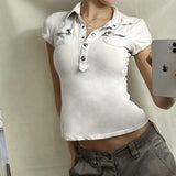2025 Work Style Collar Short-Sleeved T-Shirt New Hot Girl Slimming Design Zipper Shirt Woman HZ0107