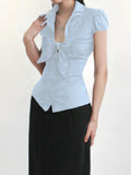 INS Hottie Bleeved Bubble Sleeve Shirt T-Shirt With Short-Blinked V-Neck Short-Sleeved T-Shirt HZ0107