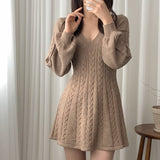 Vintage French Small Sweater Early Autumn Women's Lantern Long Sleeves To Close The Waist V Collar Hepburn Knitted Dress Woman HZ0108