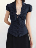 INS Hottie Bleeved Bubble Sleeve Shirt T-Shirt With Short-Blinked V-Neck Short-Sleeved T-Shirt HZ0107