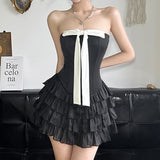Spice Girl Fish Bone Waist Level Feeled Bosom Cake Skirt Bumping Color Bow Bow Back One-Word Collar Dress HZ0107