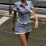 Lattice Lace Splicing Edge V-Neck Shirt Blue Vintage Hottie Waist Thin Cardigan Top Woman HZ0107