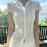 Split Design Collar Buckle Thin Short Sleeve Shirt Hot Girl Sexy Waist Thin Temperament Short Top HZ0107