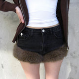 Mid-Winter 2025 New Retro Hair Stitched With Denim Shorts Hot Girl Warm Fashion Low-Waisted Hip Hot Pants HZ0107