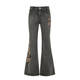 Spiced Beads Embroidered Floral Design To Make Old Water Wash Micro-Tipped Jeans Retro Low-Rise Thin Casual Trousers HZ0107