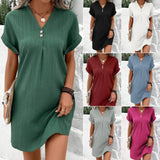 2025 Casual Solid Cotton Buckle Long Short-Sleeved Loose Shirt Dress Women's Dress HZ0108