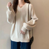 South Korea Chic Spring And Autumn New Lazy V Collar Collar Loose Solid Color Bubble Sleeve Knitted Sweater HZ0108