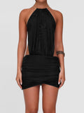 Holiday Wind Metal Ring Hanging Neck Sleeveless Back Splicing Bag Hip Dress Sexy Hot Girl Solid Dress Woman HZ0107