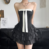 Spice Girl Fish Bone Waist Level Feeled Bosom Cake Skirt Bumping Color Bow Bow Back One-Word Collar Dress HZ0107