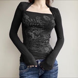 2025 Autumn New Fashion Retro Print Splicing Long-Sleeved T-Shirts In The Dark Wind On The Bottom Shirt Top HZ0107