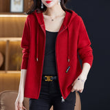 2025 New Autumn And Winter Hooded Knitted Cardigan Women's Ocean Loose-Fitting Smozer Women's Double Zipper Knit Coat HZ0108