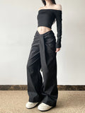 Street Style Personality Irregular Kinescing Waist Casual Pants Women Low-Waist Solid-Colored Loose-Legged Woven Trousers HZ0108