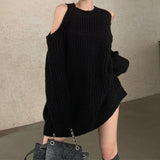 Lazy Wind French Side-Shoulder Black Knitted Sweater Women's Autumn And Winter 2025 New Loose Korean Version Of The Top Coat HZ0108