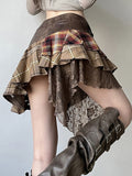 Wasteland Hottie Irregularly Wears A Check-In Spliced Skirt Personality Retro V-Shaped Waist Lace Skirt HZ0107