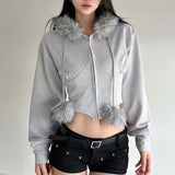 Vintage Hair Splicing Hair Collar Zipper Short Hoodie Women Autumn And Winter New Hottie Waist Thin Coat Tide HZ0107
