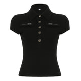 2025 Work Style Collar Short-Sleeved T-Shirt New Hot Girl Slimming Design Zipper Shirt Woman HZ0107