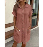 2025 Casual Solid Cotton Buckle Long Short-Sleeved Loose Shirt Dress Women's Dress HZ0108