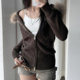Vintage Mahjong Hair Spliced Hooded Zip Sweater Cardigan Thairy Thairy Slimming Casual Coat HZ0107