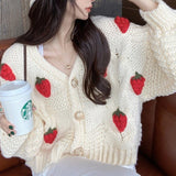 Sweet Wind Three-Dimensional Strawberry Loose Thin Single Row Buckle Knitted Jersey Women's Korean Version Of The Fashion Long-Sleeved Open Shirt Sweater HZ0108