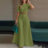 Autumn 2025 New Women's Sexy Round Collar Blouse High-Waist Broad Leg Trousers Fashion Casual Set HZ0108