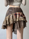 Wasteland Hottie Irregularly Wears A Check-In Spliced Skirt Personality Retro V-Shaped Waist Lace Skirt HZ0107